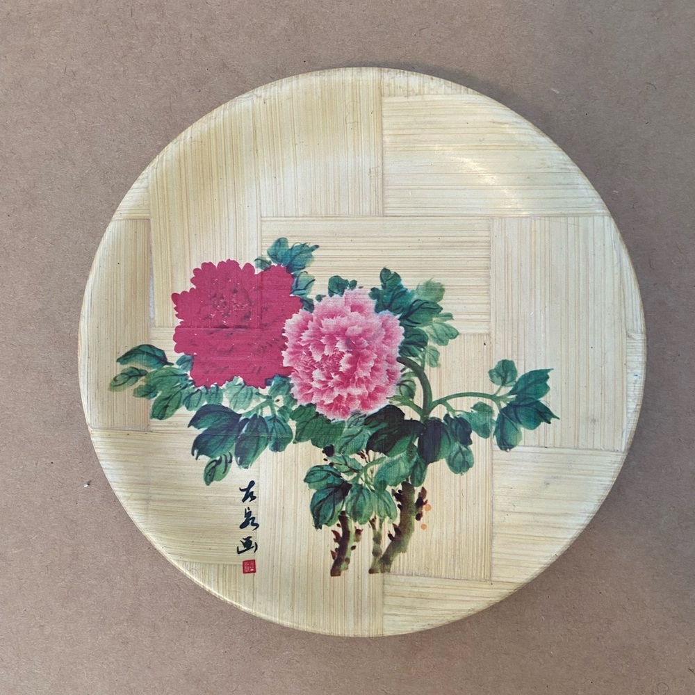Vintage Taiwan Hand-Painted Floral Bamboo Plate